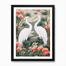 Lily And Cranes Vintage Japanese Botanical Art Print