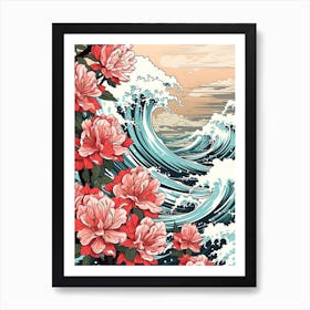 Great Wave With Rhododendron Flower Drawing In The Style Of Ukiyo E 4 Art Print