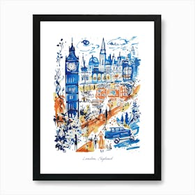 London England Illustration Line Art City Travel Blue Art Print