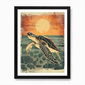 Vintage Sea Turtle At Sunset Painting 4 Art Print