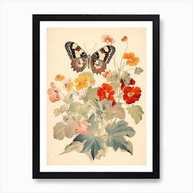 Japanese Style Painting Of A Butterfly With Flowers 5 Art Print