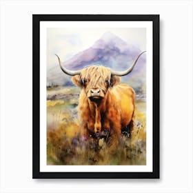 Curious Highland Cow In Field With Rolling Hills Watercolour 2 Art Print