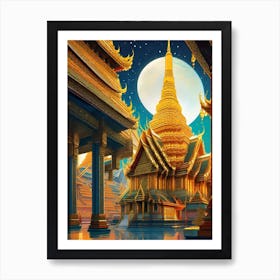 The Grand Palace - Thailand At Night - Trippy Abstract Cityscape Iconic Wall Decor Visionary Psychedelic Fractals Fantasy Art Cool Full Moon Third Eye Space Sci-fi Awesome Futuristic Ancient Paintings For Your Home Gift For Him Art Print