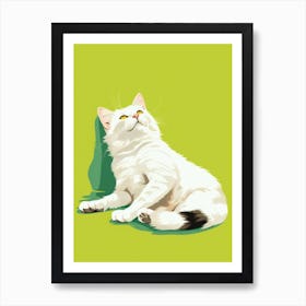 White Cat On Green Background Art Print