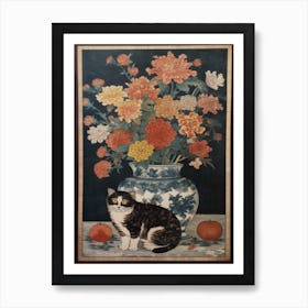 Chrysanthemums With A Cat 2 William Morris Style Art Print