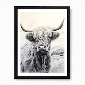 Black & White Watercolour Illustration Of Highland Cow 2 Art Print