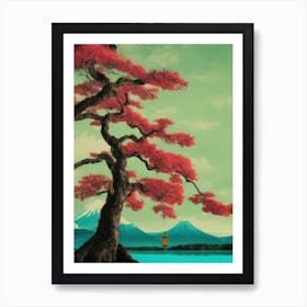 Red Leaves Autumnal Japanese Tree Mount Fuji Zen Art Print