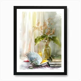 Watercolor Of Flowers And Books Art Print