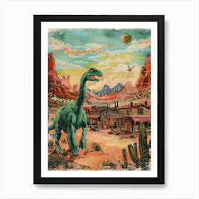 Dinosaur In A Western Town Lllustration 1 Art Print