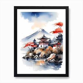 Watercolor Japanese Landscape Painting (22) Art Print