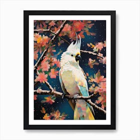 cosmic geometric cockatoo in a tree surrounded by flowers Art Print