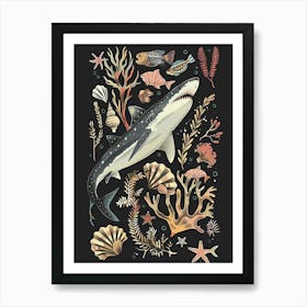 Goblin Shark Seascape Black Background Illustration 1 Art Print