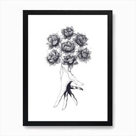 Hand With Lotuses Line Art Print