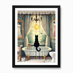 A whimsical black cat perched on a bathtub Art Print