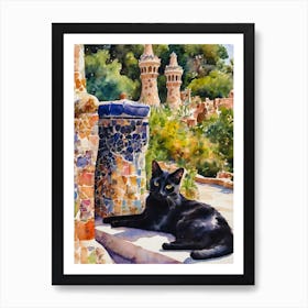 Black Cat at Park Guell Iconic Gaudi Barcelona Artwork - Lounging Cat Traditional Watercolor Art Print Kitty Travels Home and Room Wall Art Cool Decor Klimt and Matisse Inspired Modern Awesome Cool Unique Pagan Witchy Witches Familiar Gift For Cat Lady Animal Lovers World Travelling Genuine Works by British Watercolour Artist Lyra O'Brien  Art Print