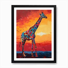 Giraffe In The Red Sunset Brushstroke Style 2 Art Print