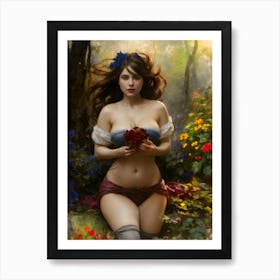 Fairytale Girl princess nymph in forest painting flowers woods Art Print