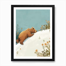 Brown Bear Cub Sliding Down A Snowy Hill Storybook Illustration 3 Art Print