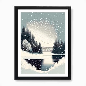 Snowflakes Falling By A Lake, Snowflakes, Retro Drawing 1 Art Print
