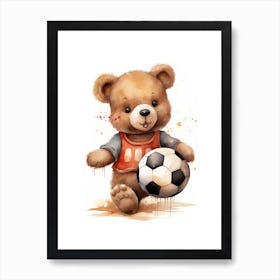 Teddy Bear Painting Watercolour Playing Football Soccer 1 Art Print