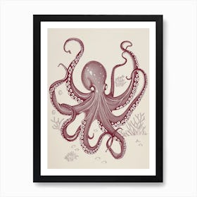 Red Linocut Inspired Octopus 2 Art Print