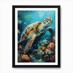 Turtle Underwater With Fish Painting 2 Art Print
