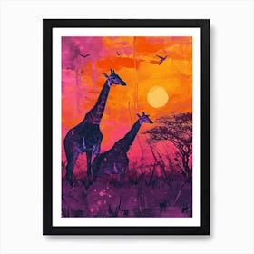 Two Giraffes At Sunset Purple 2 Art Print