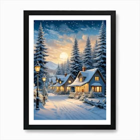 Winter Village At Night Art Print