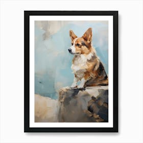 Corgi Dog, Painting In Light Teal And Brown 1 Art Print