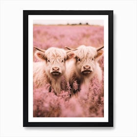 Two Highland Cows Pink Portrait 3 Art Print