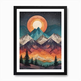 Minimalist Sunset Low Poly Mountains (26) Art Print