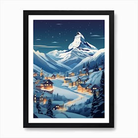 Winter Travel Night Illustration Zermatt Switzerland 1 Art Print