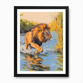 Southwest African Lion Crossing A River Fauvist Painting 1 Art Print