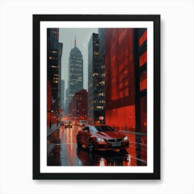 Red Car In The Rain Art Print