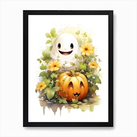 Cute Ghost With Pumpkins Halloween Watercolour 45 Art Print