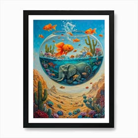 Hyper Realistic Painting Of A Colossal Fishbowl Containing An Elephant Sized Goldfish Swimming Amids Art Print