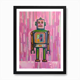 Retro Tin Robot Green Pink Oil Painting Art Print
