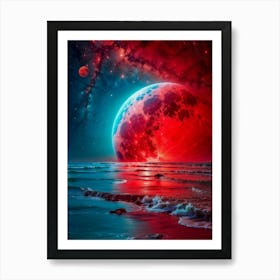 Red moon illuminates a sea — a celestial ballet between the quiet ocean and the vast expanse of the night sky, where stars shimmer in the cosmic dance. Art Print