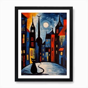 Painting Of Amsterdam With A Cat In The Style Of Surrealism, Miro Style 1 Art Print