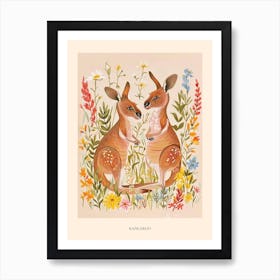 Folksy Floral Animal Drawing Kangaroo 2 Poster Art Print