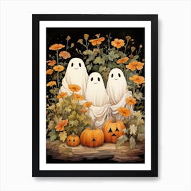 Cute Bedsheet Ghost, Botanical Halloween Watercolour 110 Art Print