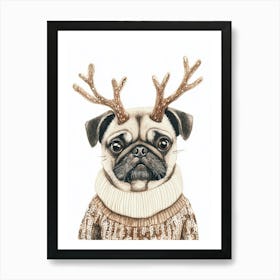 Pug In Christmas Jumper And Reindeer Antlers Neutral Art Print