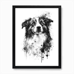 Cute Australian Shepherd Black Ink Portrait Art Print