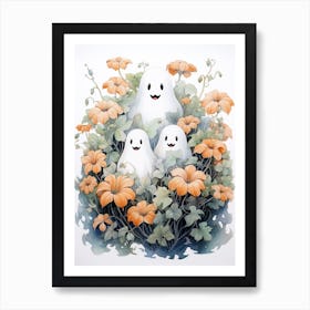 Cute Bedsheet Ghost, Botanical Halloween Watercolour 43 Art Print