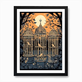 Bird Cage Linocut 3 Art Print