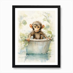 Monkey Painting In A Bathtub Watercolour 3 Art Print