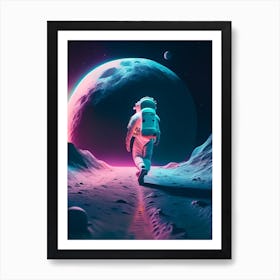 Astronaut Walking On Moon Neon Nights 2 Art Print