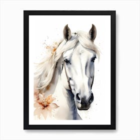 Floral White Horse Watercolor Painting (11) Art Print