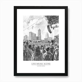 Live Music Scene Austin Texas Black And White Drawing 1 Poster Art Print