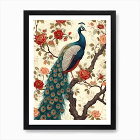 Cream Floral Vintage Peacock Wallpaper Inspired 6 Art Print